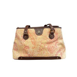Vintage Etienne Aigner Tapestry Tote Bag Brown Leather Trim Floral Satchel Purse